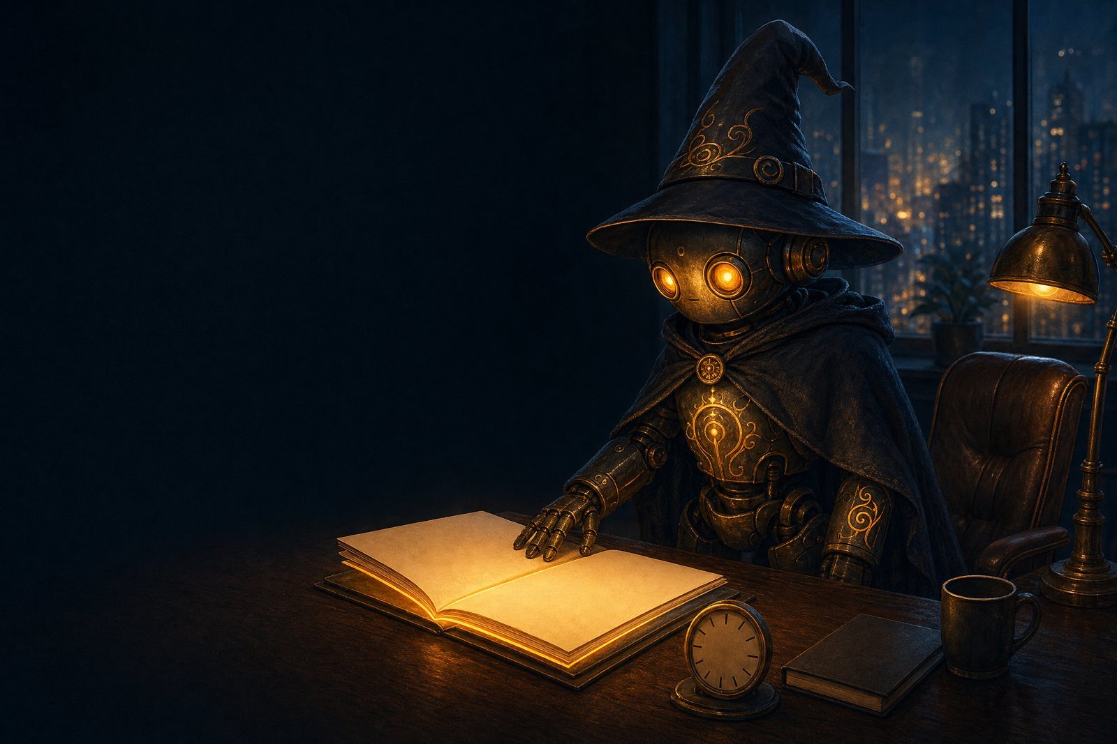 A wizard robot at a desk, reading by lamplight, with a city at night through the window