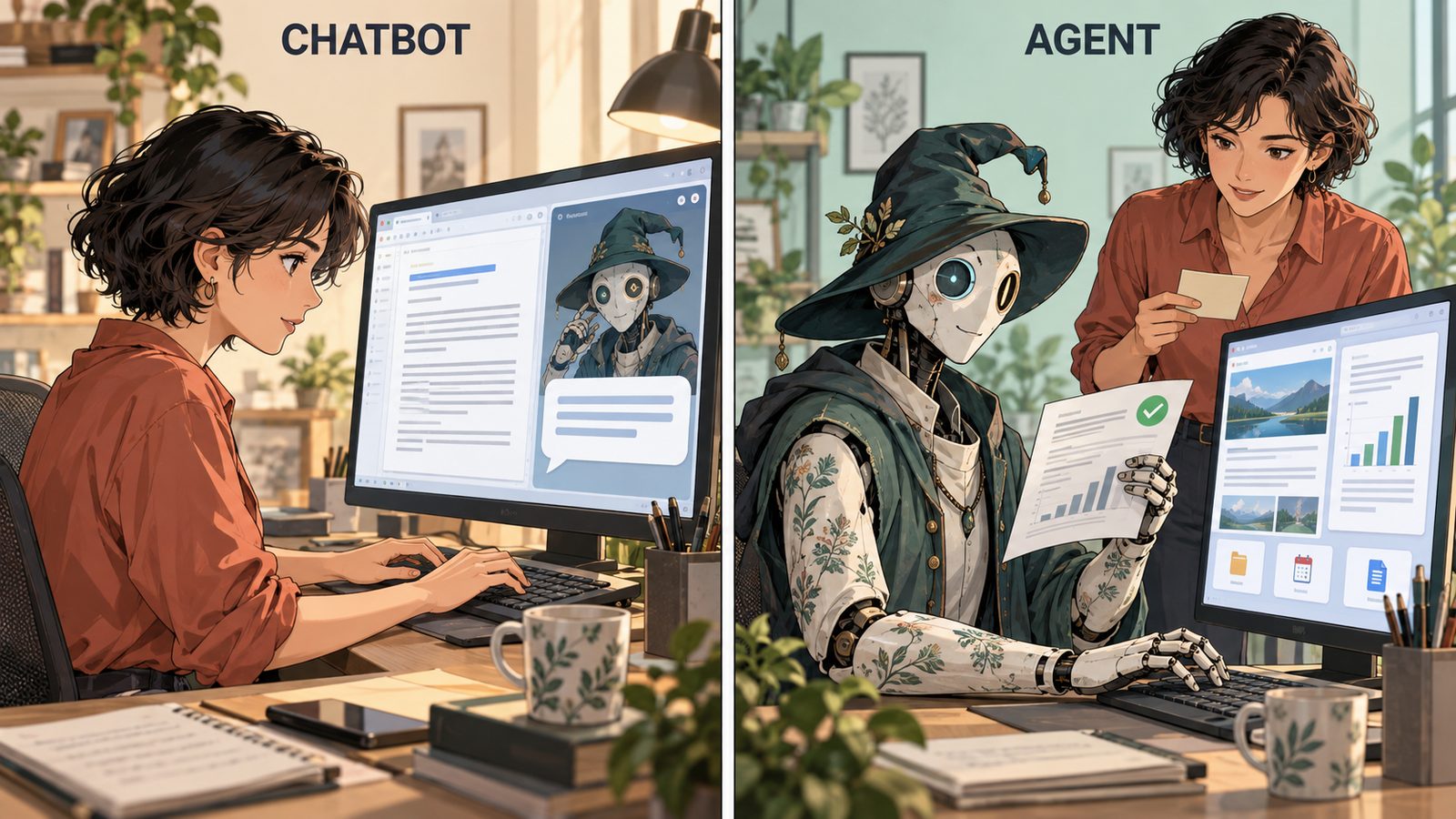 Two panels. Left, labelled Chatbot: a woman types into a chat window and reads the answer. Right, labelled Agent: a wizard robot does the computer work and hands her a finished report while she looks on.
